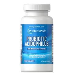 Puritan's Pride probiotic tablets in a white bottle supporting digestive balance.