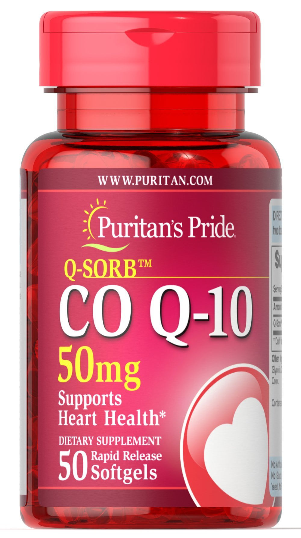 Puritan's Pride Q-Sorb CoQ10 50mg bottle promotes heart health and daily vitality.