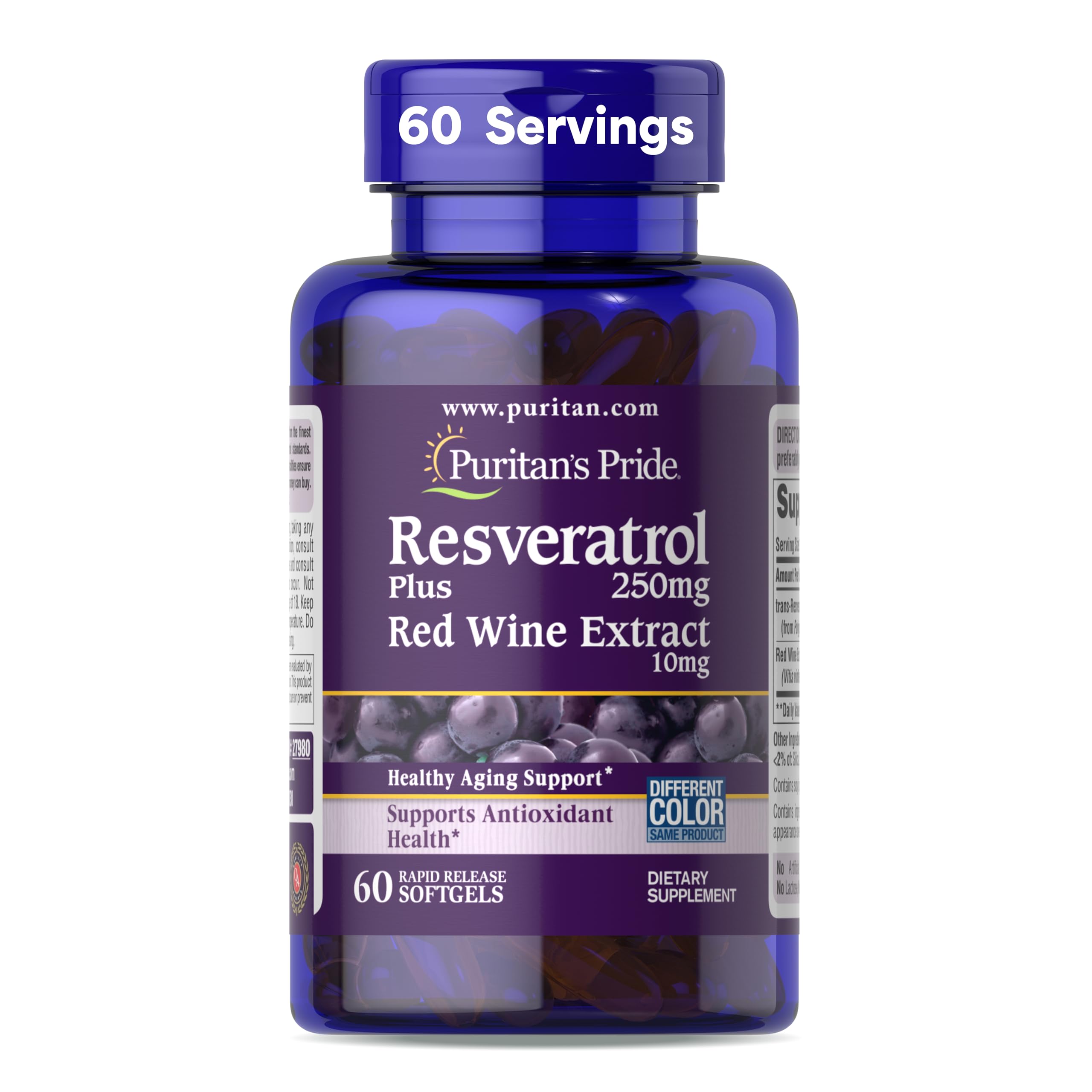 Puritan's Pride Resveratrol 250mg bottle: antioxidant support for healthy aging.