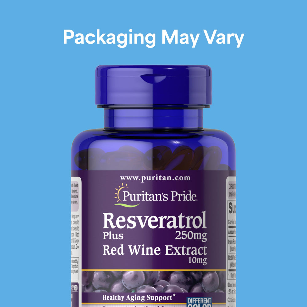Puritan's Pride Resveratrol softgels close-up: convenient daily capsules for cellular longevity.