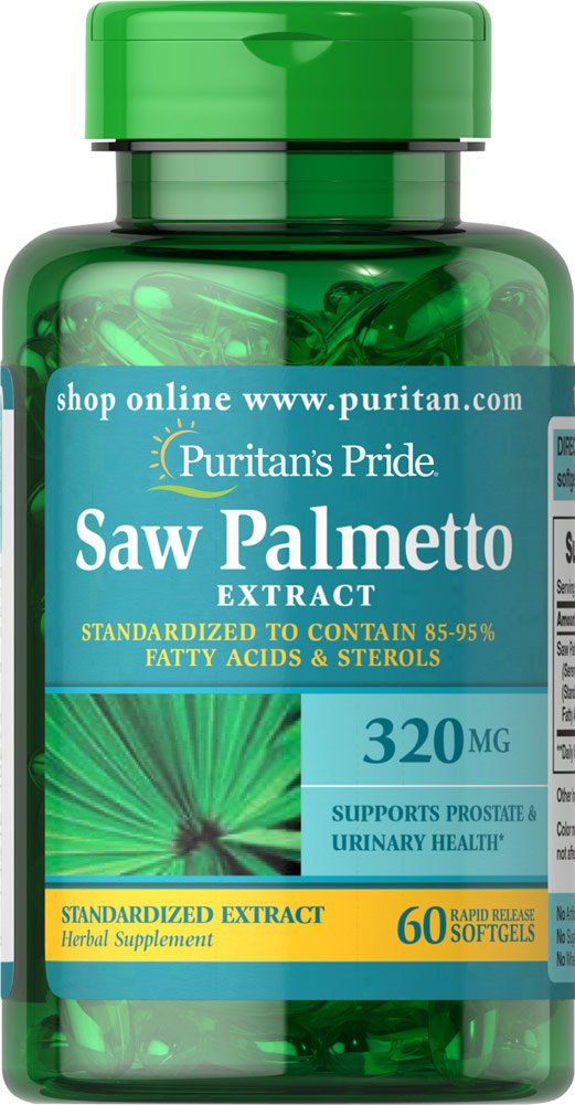 Puritan's Pride Saw Palmetto softgels: supports prostate and urinary health.