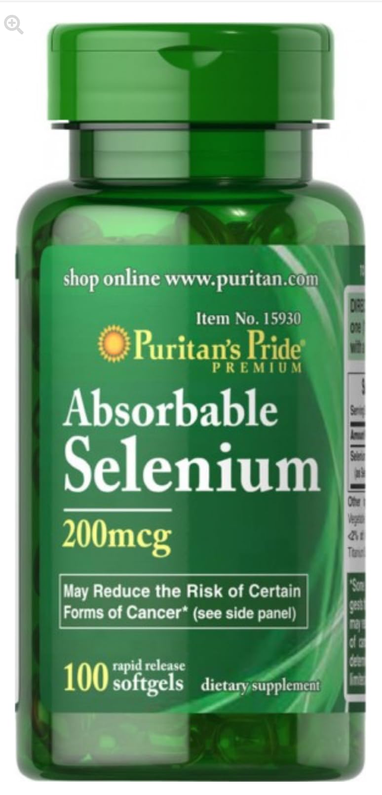 Puritan's Pride selenium 200 mcg tablets bottle showing antioxidant properties and immune support