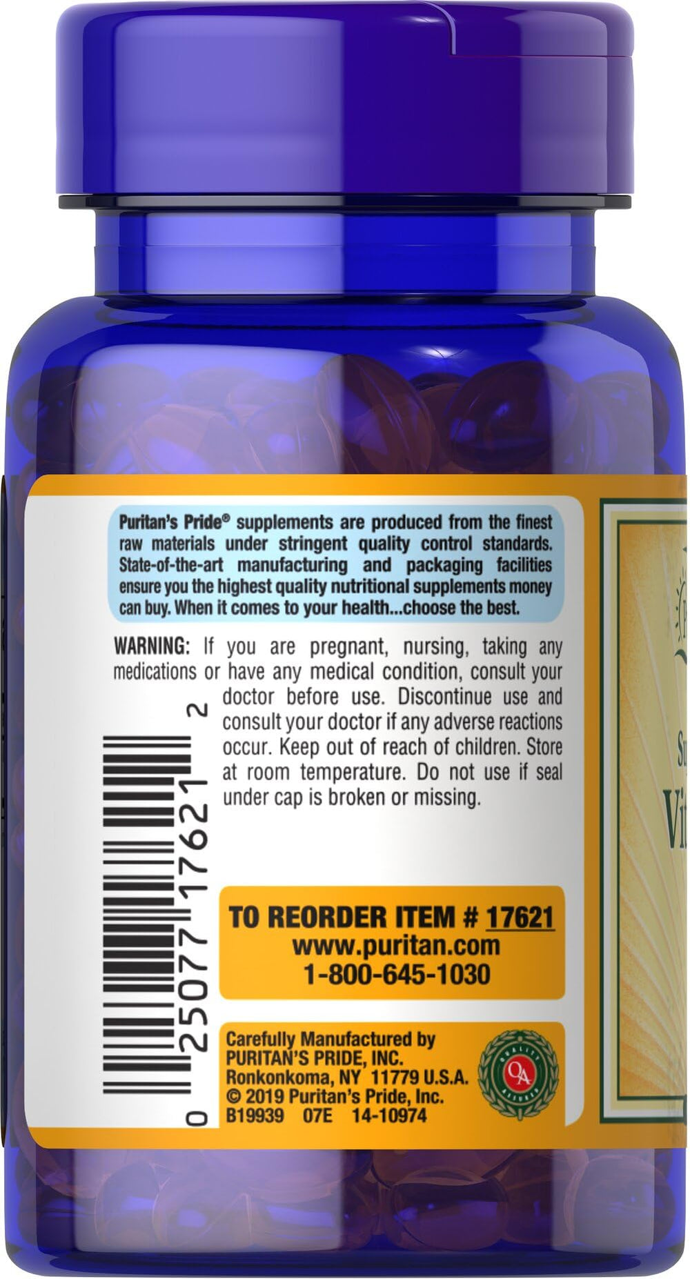 Puritan's Pride Sunvite D3 capsules closeup for daily intake