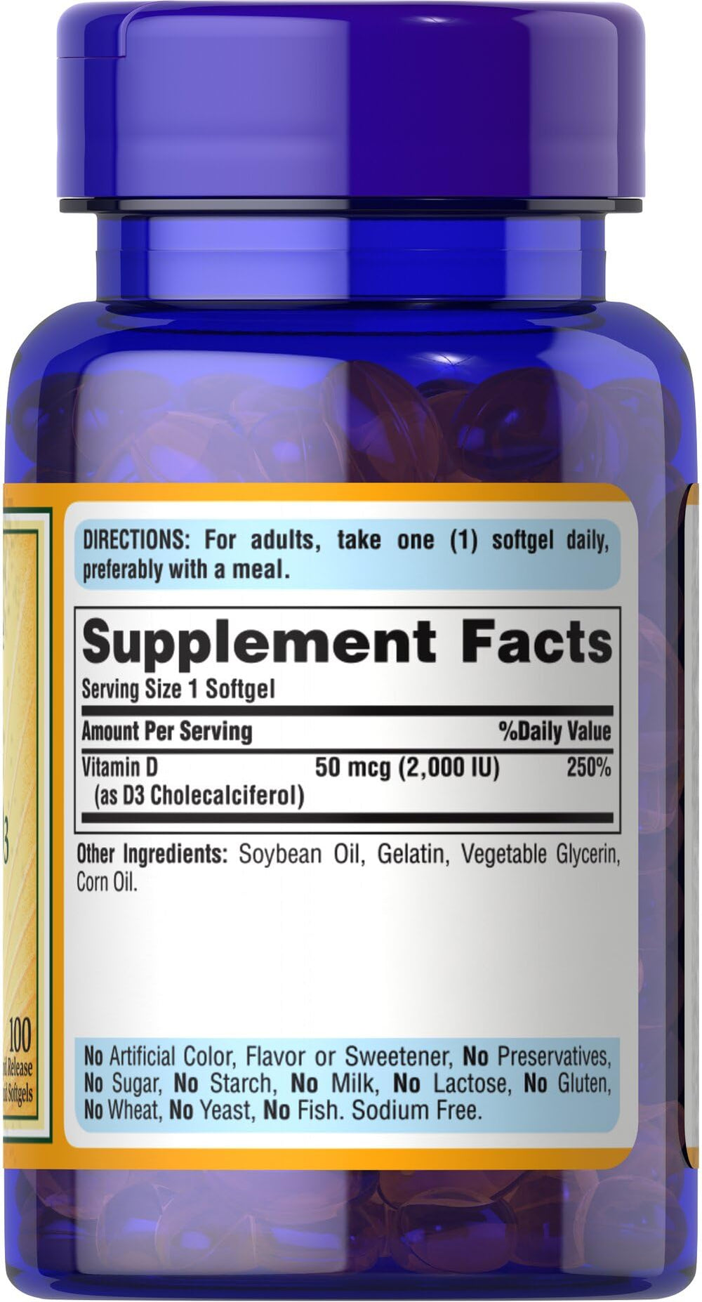 Puritan's Pride Sunvite D3 dosage guide shows IU per capsule