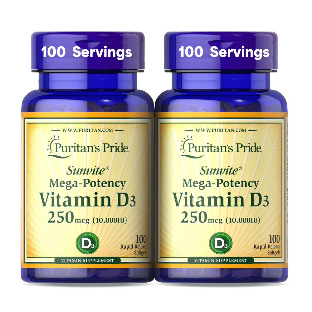 Puritan's Pride Sunvite front bottle view for daily vitamin D3 supplementation.