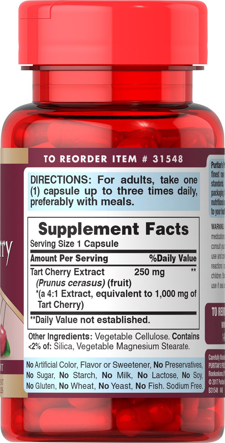 Puritan's Pride Tart Cherry Extract label close-up highlighting 1000 mg strength.