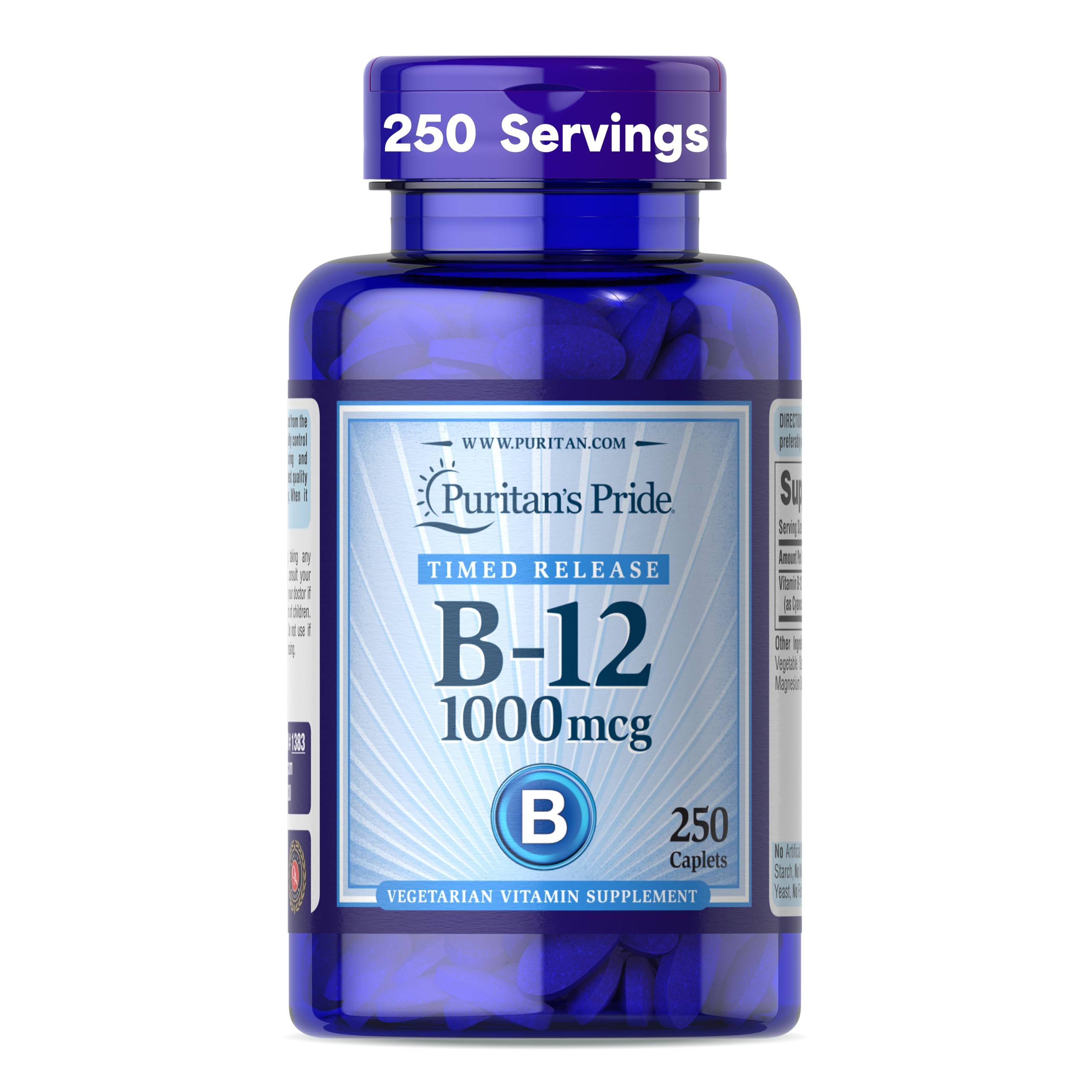 Puritan's Pride timed-release B-12 bottle supports steady energy throughout the day.