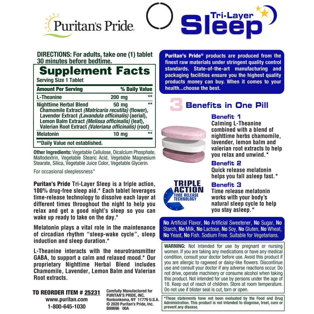 Puritian's Pride sleep tablets time-release detail showing multi-layer formula