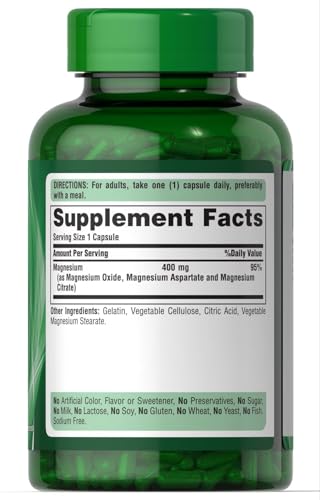 Puritan's Pride Triple Magnesium Complex label clearly lists 400 mg per capsule.