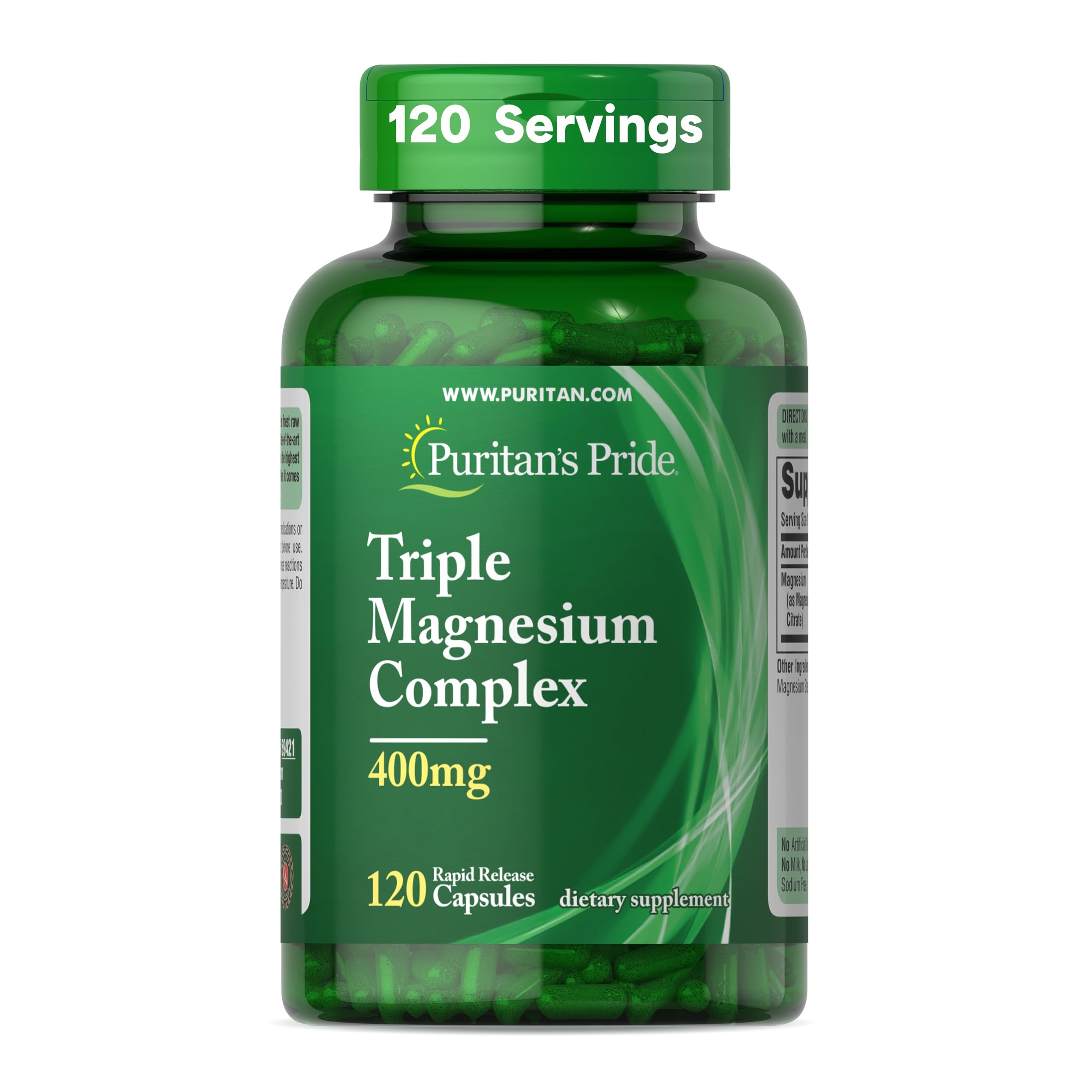 Puritan's Pride Triple Magnesium Complex rapid-release bottle supports bone health and muscle function.