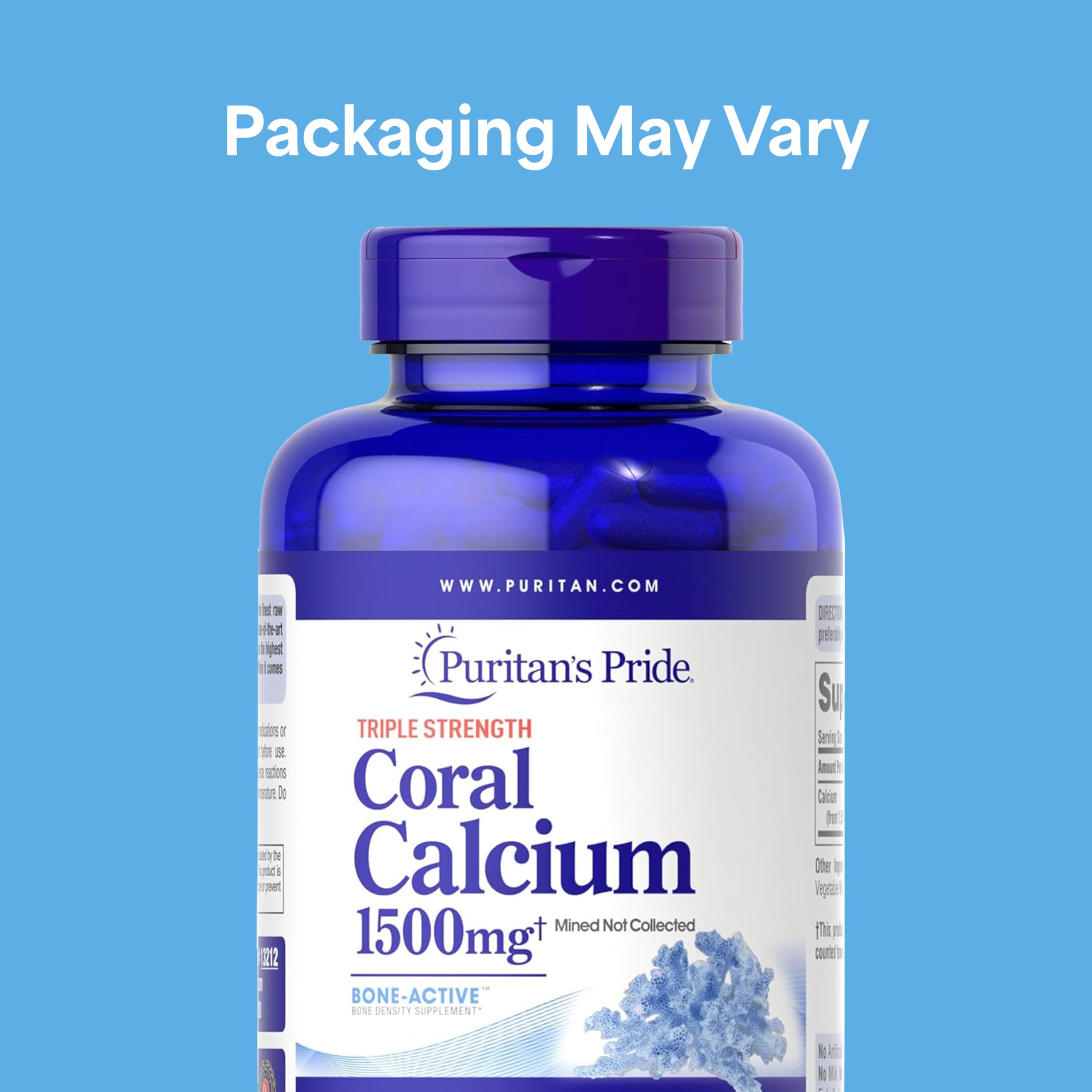 Puritan's Pride triple-strength coral calcium capsules highlighting bone support.