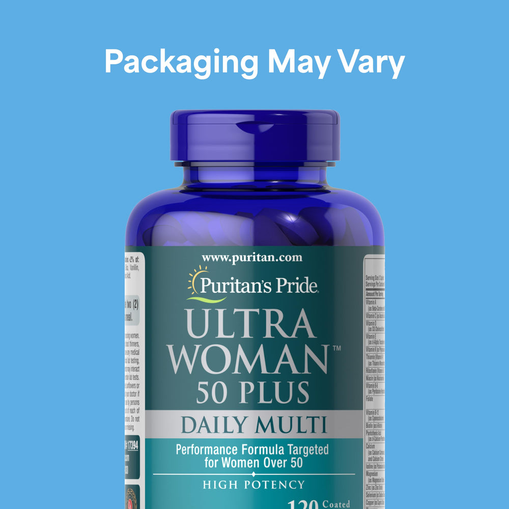 Puritan's Pride Ultra Woman 50 Plus bottle back showing nutrient details for bone and energy support.