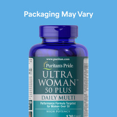 Puritan's Pride Ultra Woman 50 Plus bottle back showing nutrient details for bone and energy support.
