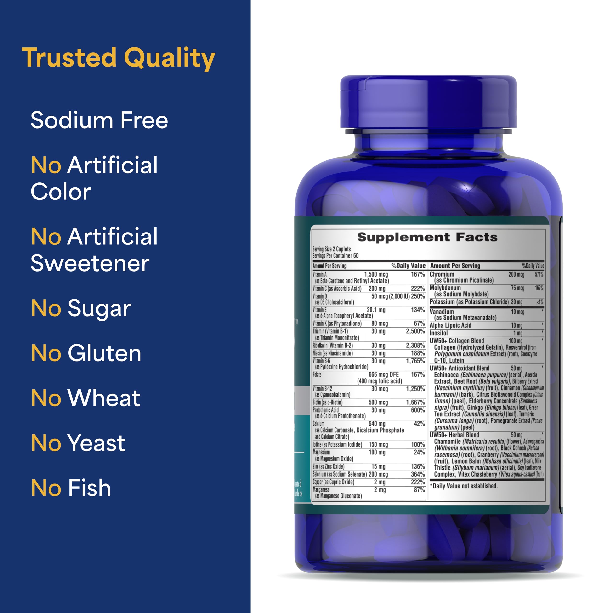 Puritan's Pride Ultra Woman 50 Plus capsules with water to support daytime vitality.