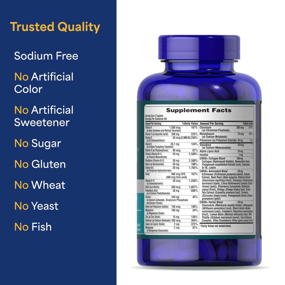 Puritan's Pride Ultra Woman 50 Plus capsules with water to support daytime vitality.