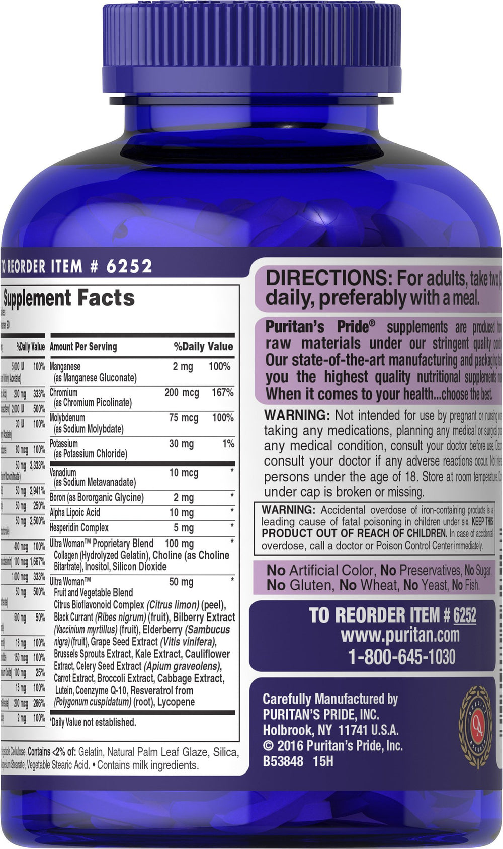 Puritan's Pride Ultra Women multivitamin bottle close-up highlights the timed-release feature for steady nutrient delivery.