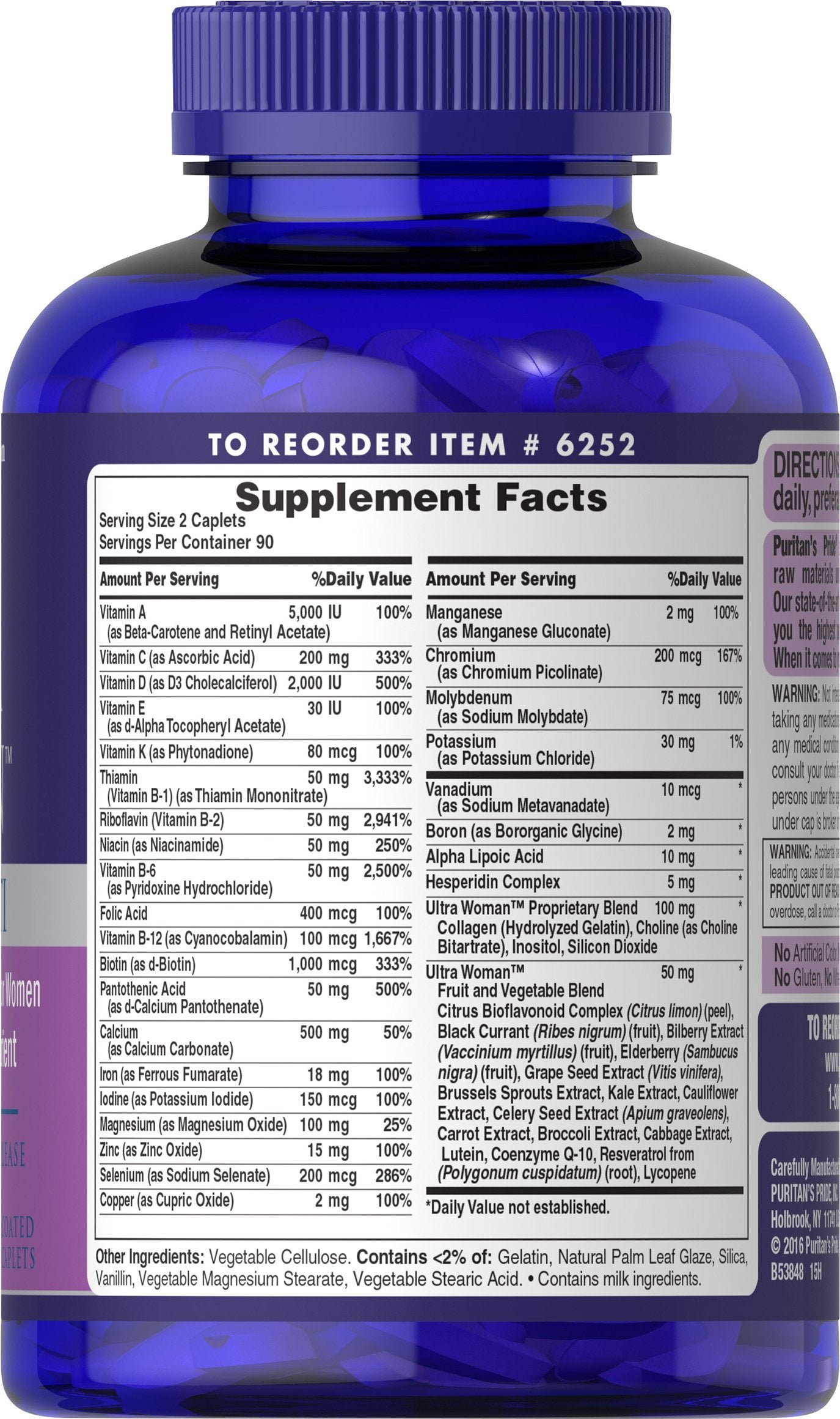 Puritan's Pride Ultra Women caplets emphasize no artificial additives for clean daily use.