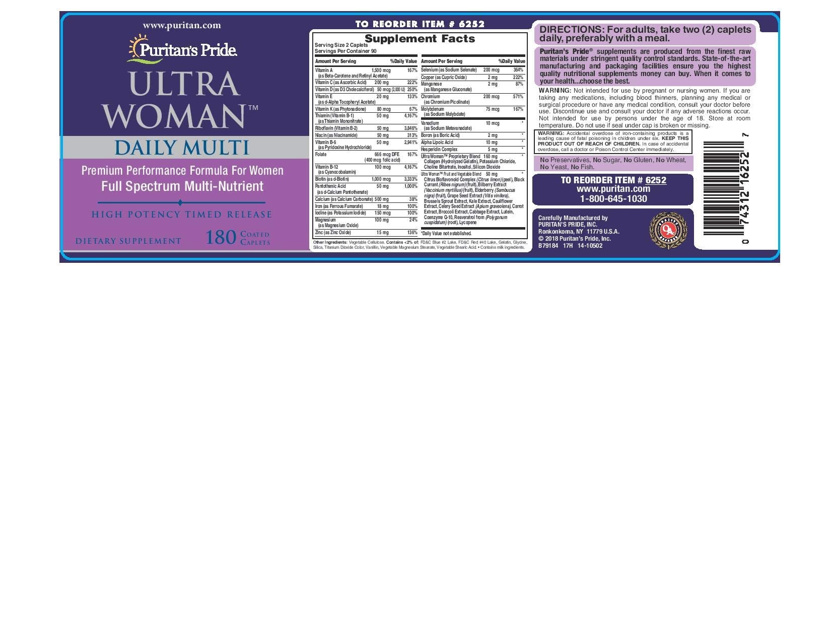 Puritan's Pride Ultra Women multivitamin bottle shows a 180-caplet supply for everyday convenience.