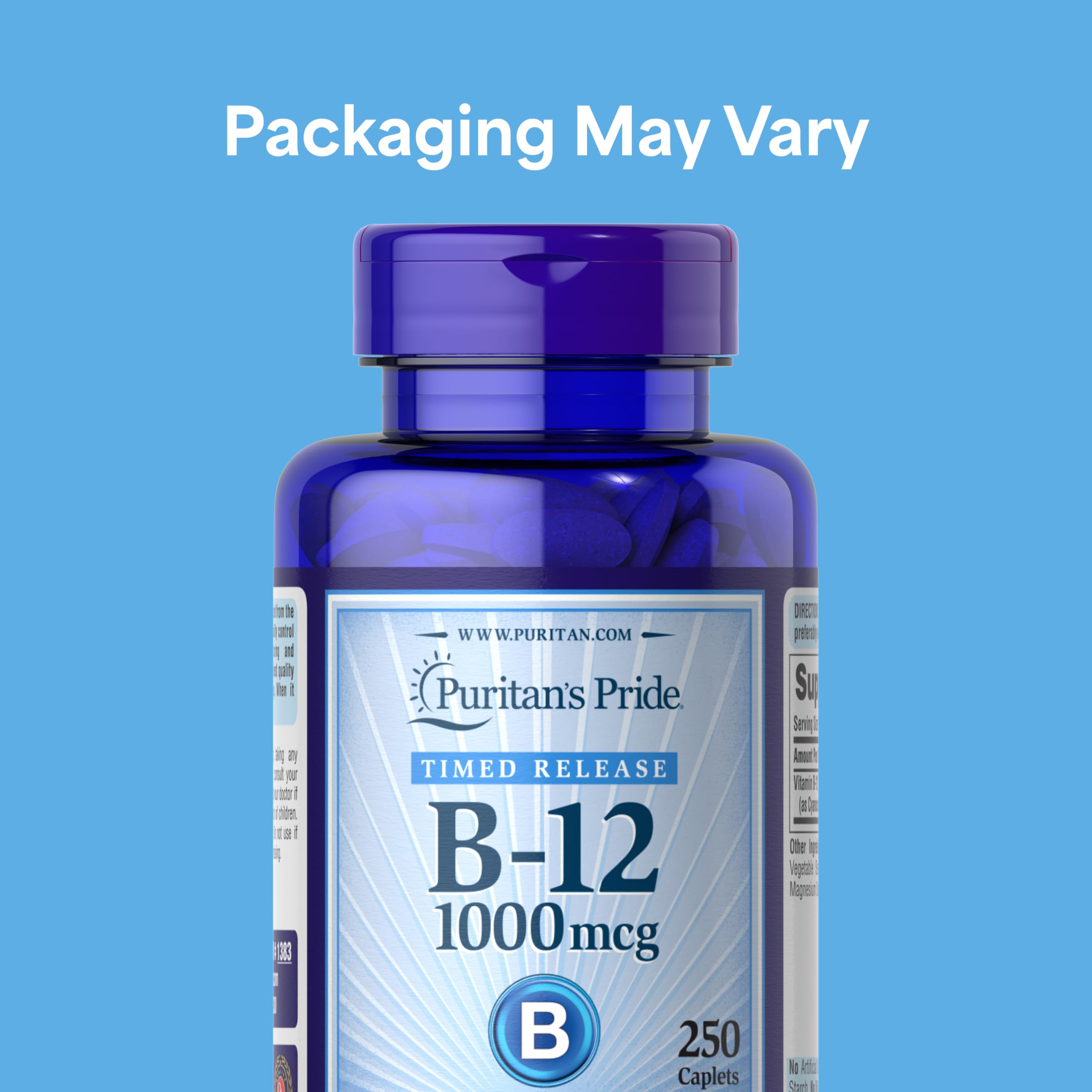 Puritan's Pride vegetarian B-12 caplets on a pack highlighting long eight-month supply.