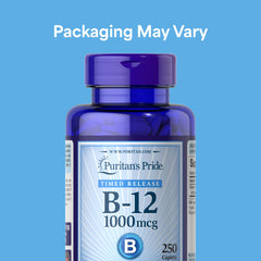 Puritan's Pride vegetarian B-12 caplets on a pack highlighting long eight-month supply.