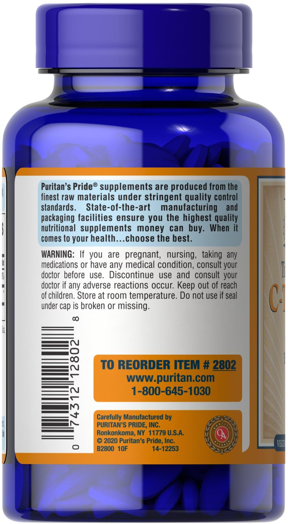 Puritan's Pride Vitamin C 1500mg caplets close-up showing rose hips.