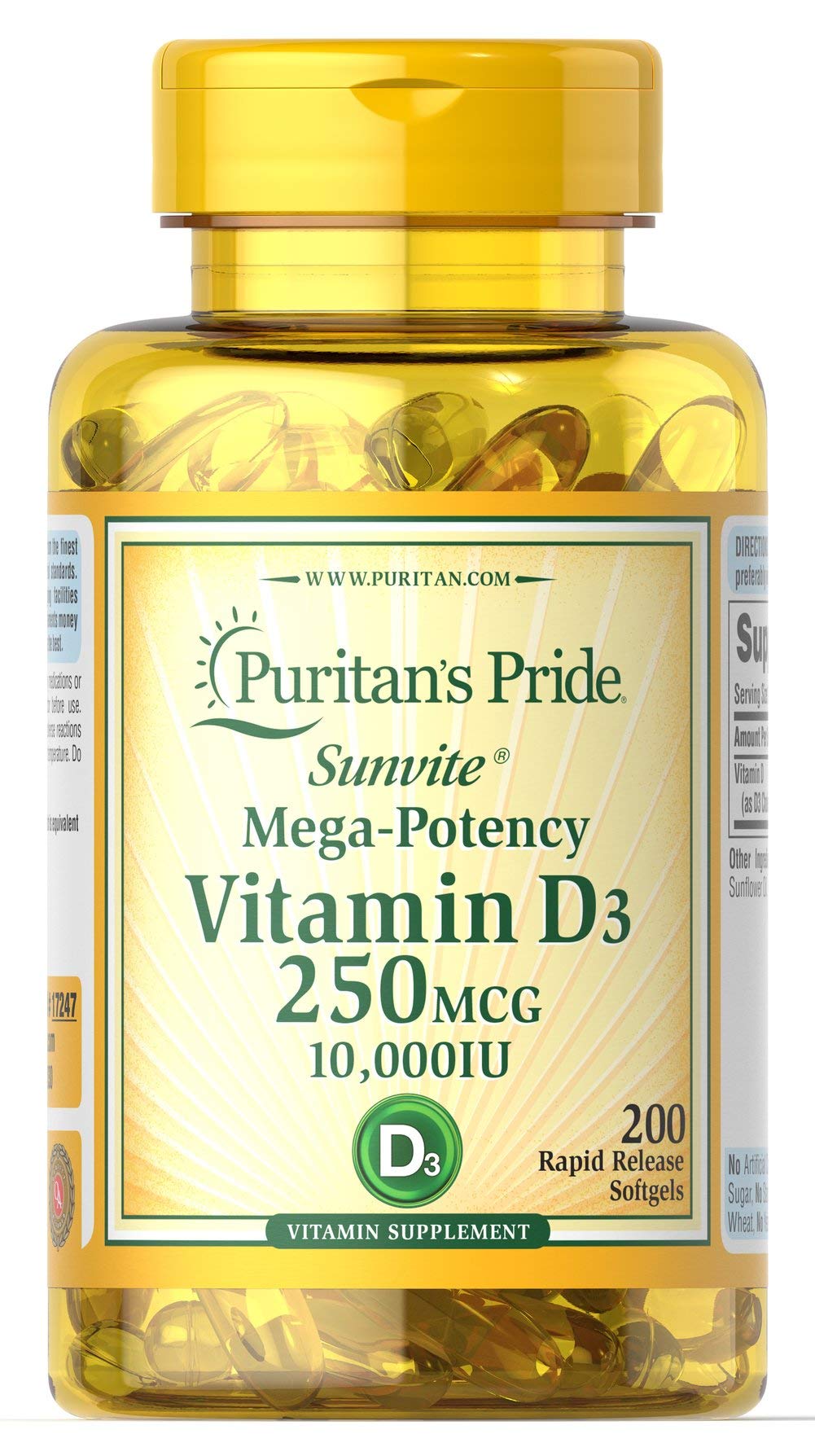 Puritan's Pride Vitamin D3 10,000 IU softgels bottle for daily immune support