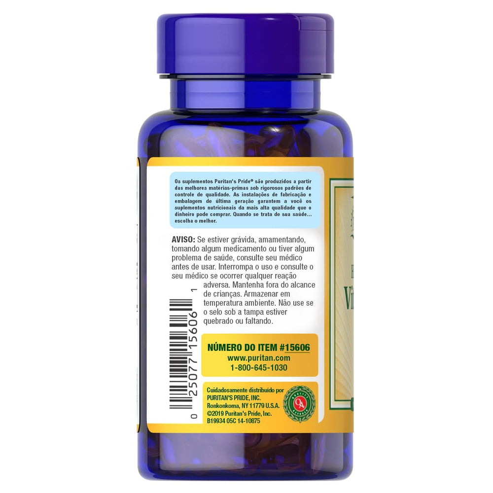 Puritan's Pride D3 softgels shown as preservative-free formulation for clean daily intake.