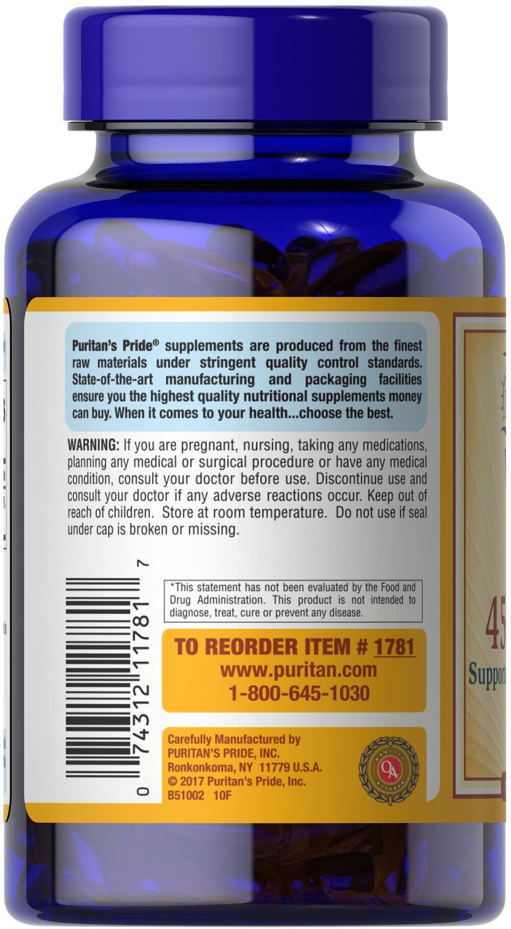 Puritan's Pride Vitamin E 450 mg softgel close-up highlighting antioxidant form.