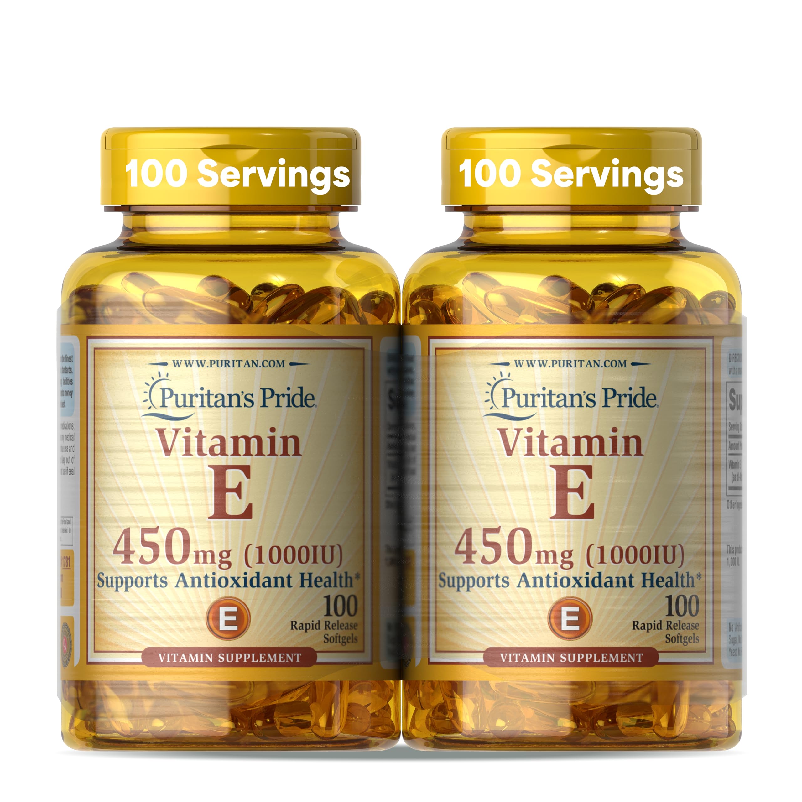 Puritan's Pride Vitamin E 450mg softgels bottle for antioxidant support.