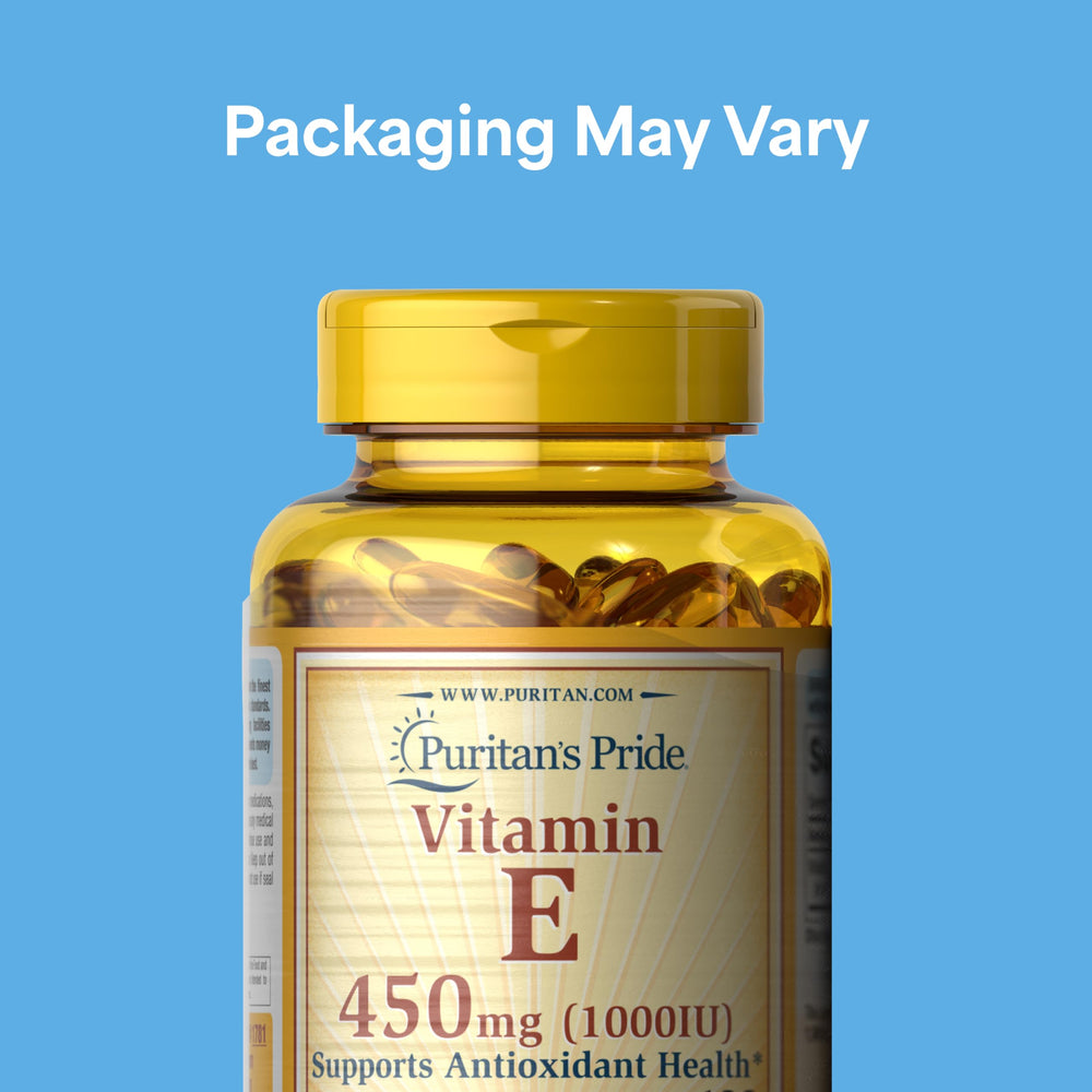 Puritan's Pride Vitamin E 450mg rapid-release softgel closeup for fast absorption.