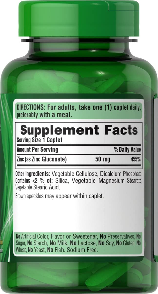 Puritan's Pride Zinc 50 Mg capsules, emphasizing vegetarian-friendly ingredients.