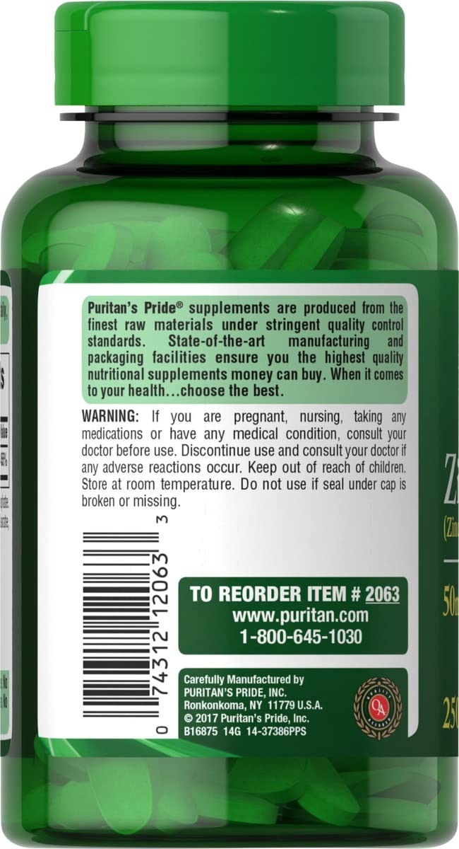 Puritan's Pride Zinc 50 Mg packaging pack image showing value and 250-count supply.