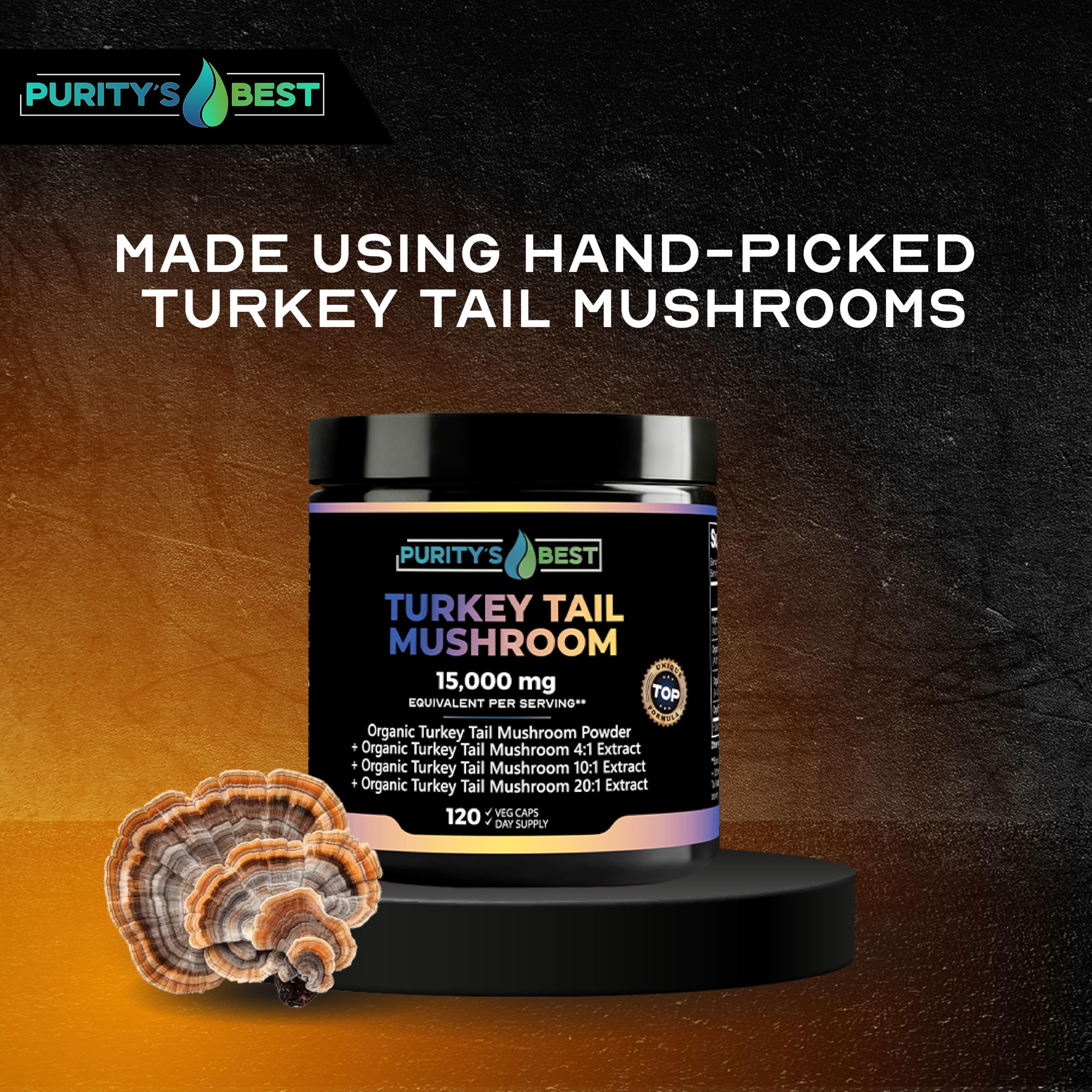 Purity’s Best Turkey Tail capsules closeup highlighting vegan capsules for gut health