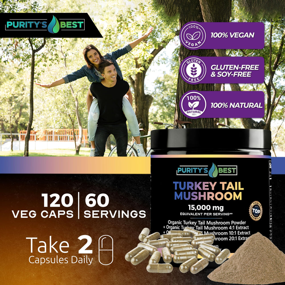 Purity’s Best Turkey Tail bottle near USA-made facility branding
