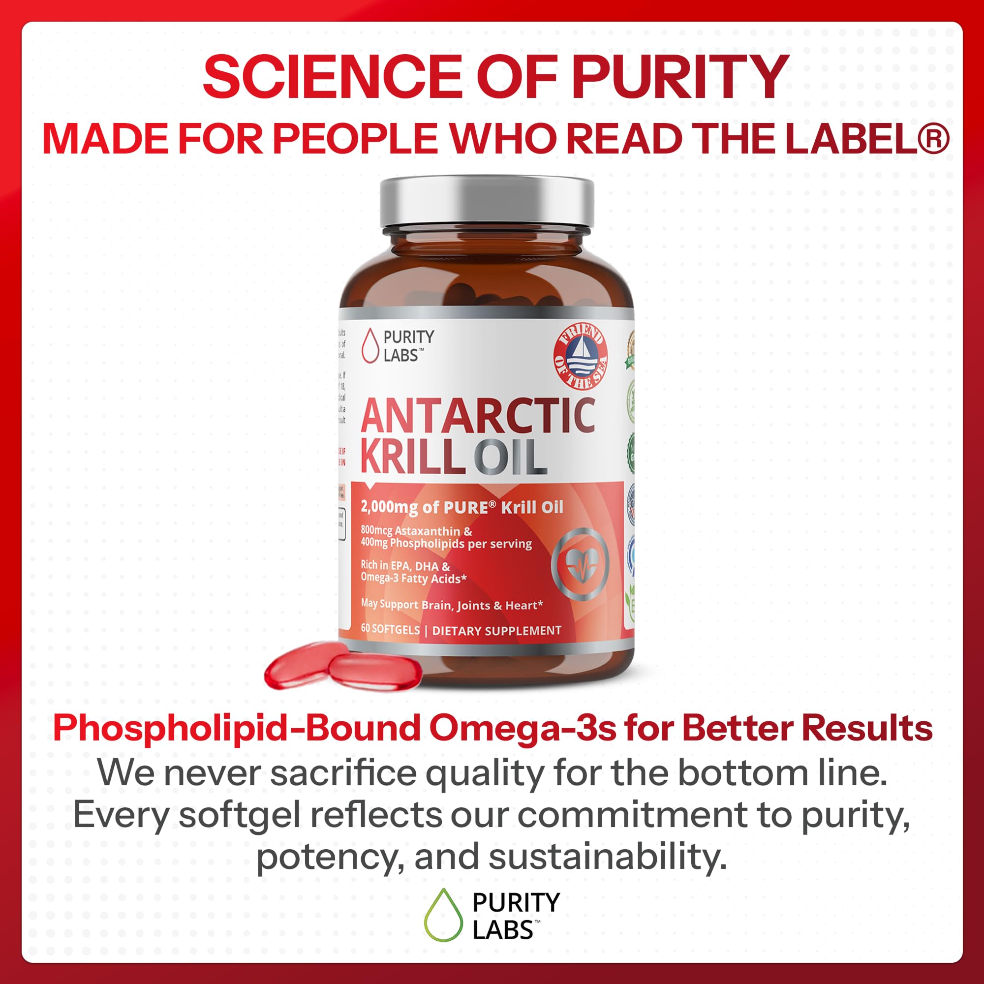 Purity Labs Antarctic Krill Oil produced in the USA signaling quality