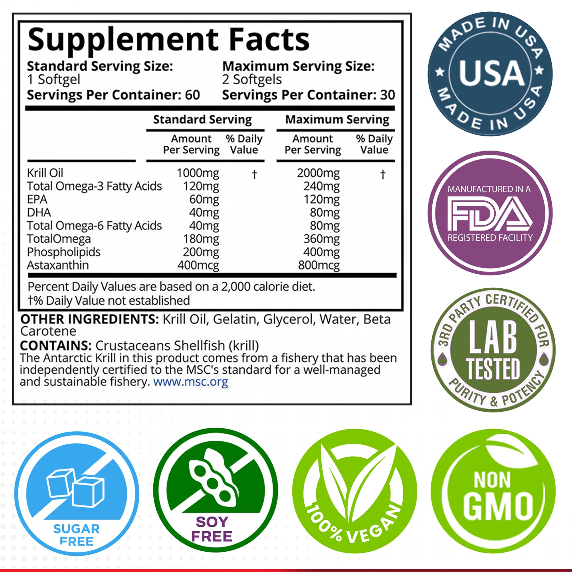 Purity Labs Krill Oil astaxanthin capsules highlighting antioxidant blend