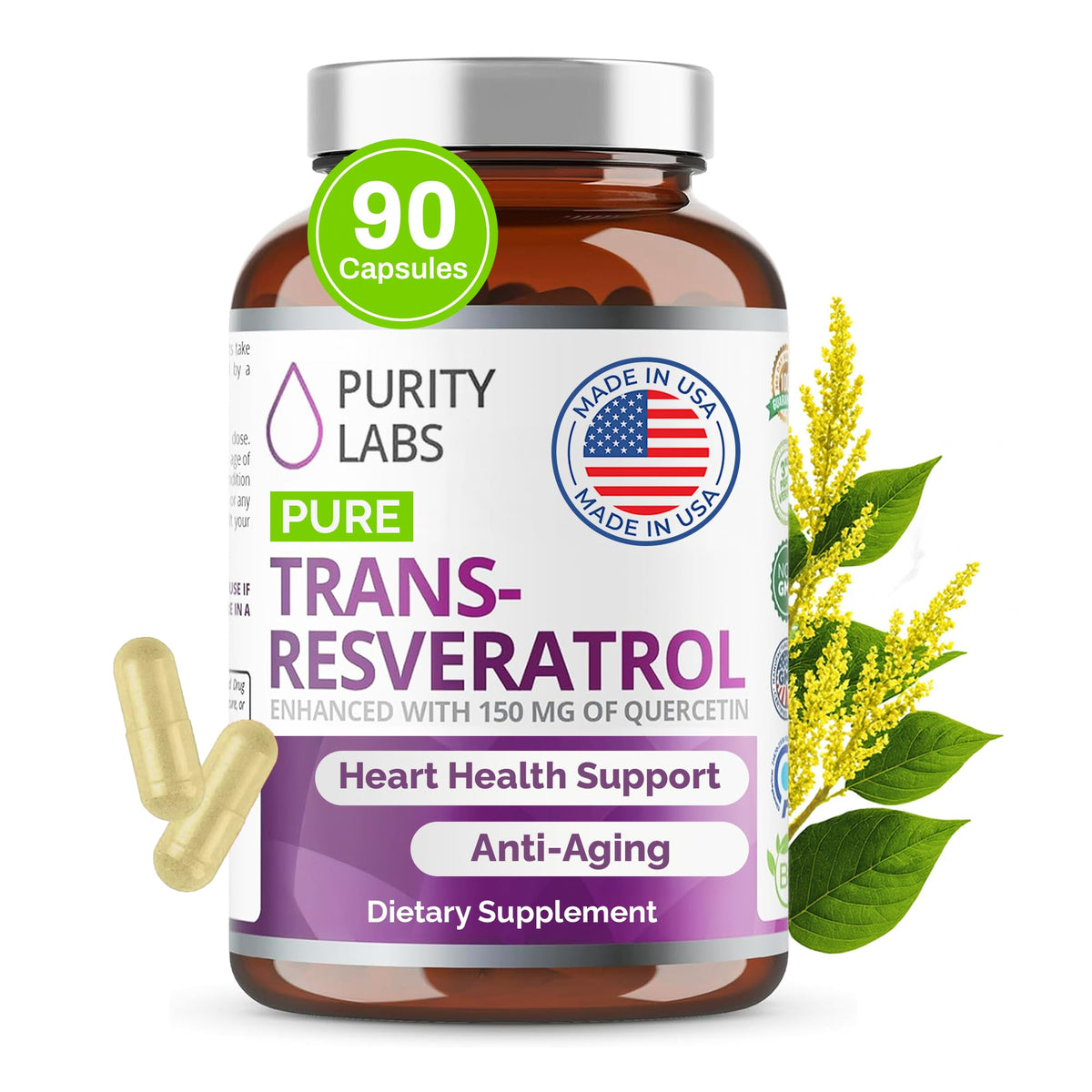 Purity Labs Pure Trans-Resveratrol bottle showing vegan antioxidant support for daily wellness.