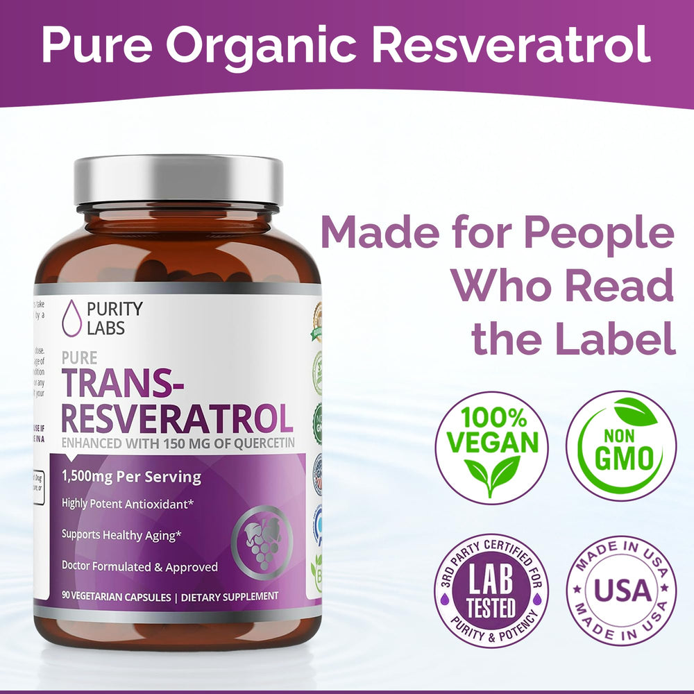 Purity Labs Trans Resveratrol capsules close-up highlighting concentrated antioxidant formula.