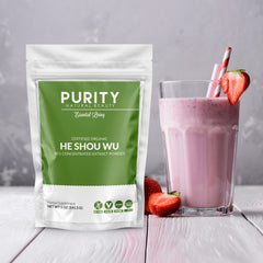 Purity Natural Beauty He Shou Wu bottle label close-up showing organic branding