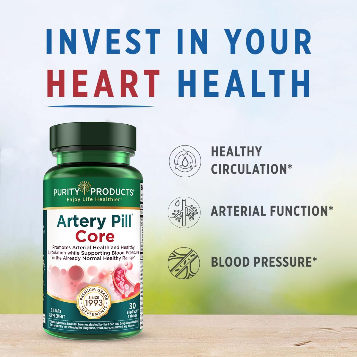 Purity Products Artery Pill Core with organic blueberries in a health scene