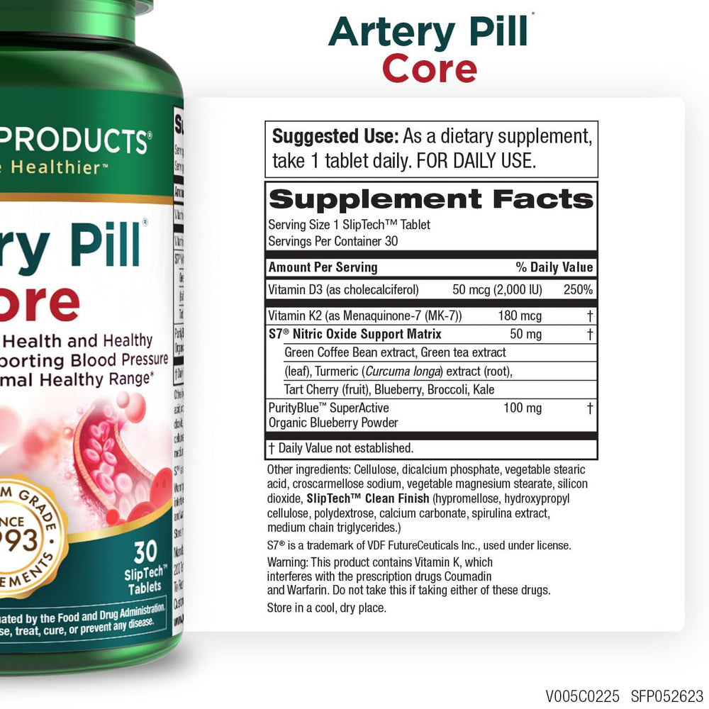 Purity Products Artery Pill Core bottle label close-up with key ingredients