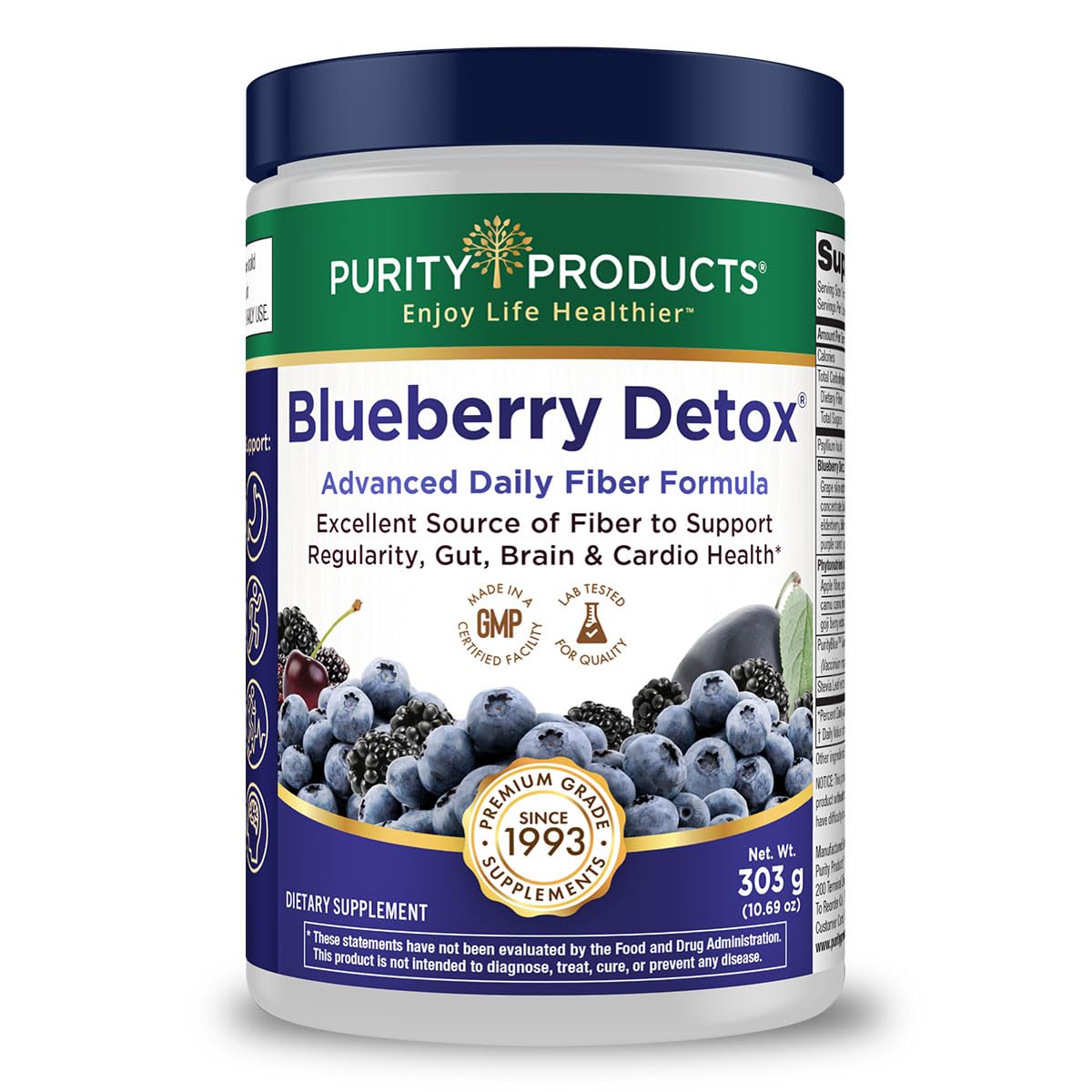 Purity Products Blueberry Detox bottle label featuring PurityBlue blueberries