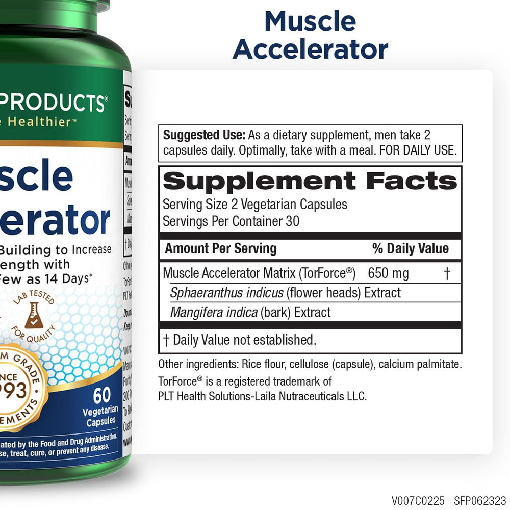 Purity Products Muscle Accelerator bottle back label with dosage and safety notes