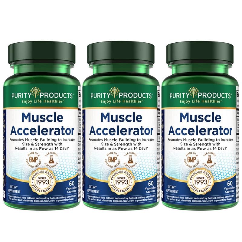 Purity Products Muscle Accelerator bottle front highlighting the patented blend for workout support