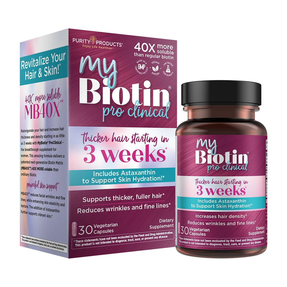 Purity Products MyBiotin ProClinical bottle front view for hair and skin support.