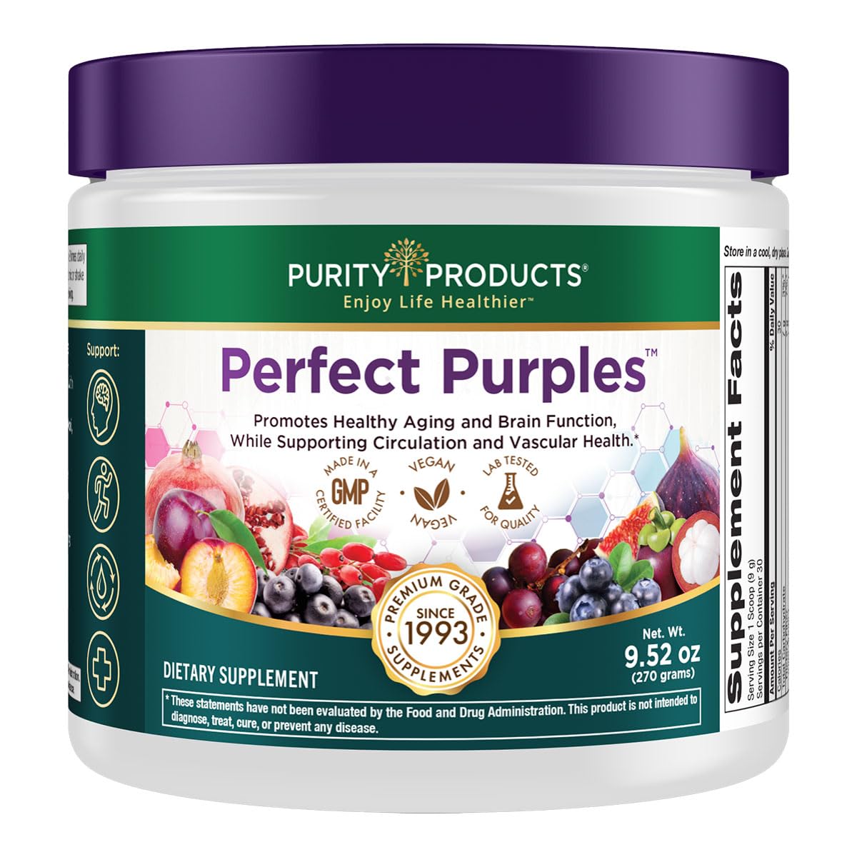 Purity Products Perfect Purples bottle showcasing a powerful antioxidant blend for healthy aging