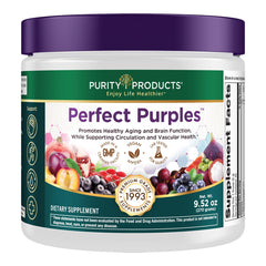Purity Products Perfect Purples bottle showcasing a powerful antioxidant blend for healthy aging