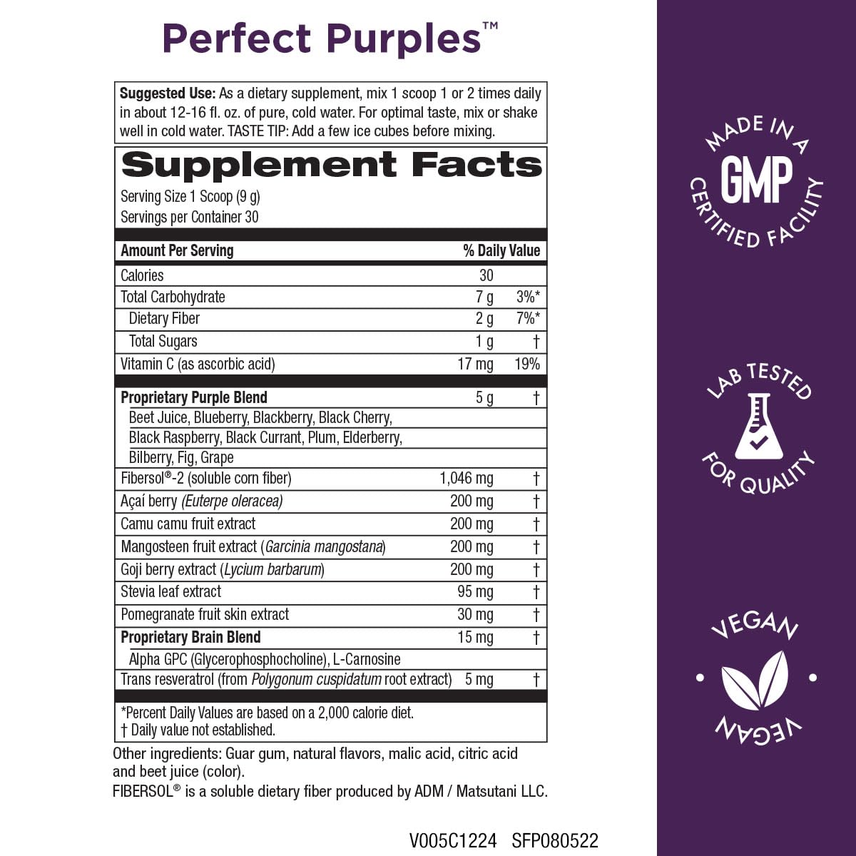 Purity Products Perfect Purples tub of powder ready to mix for a nutritious daily drink