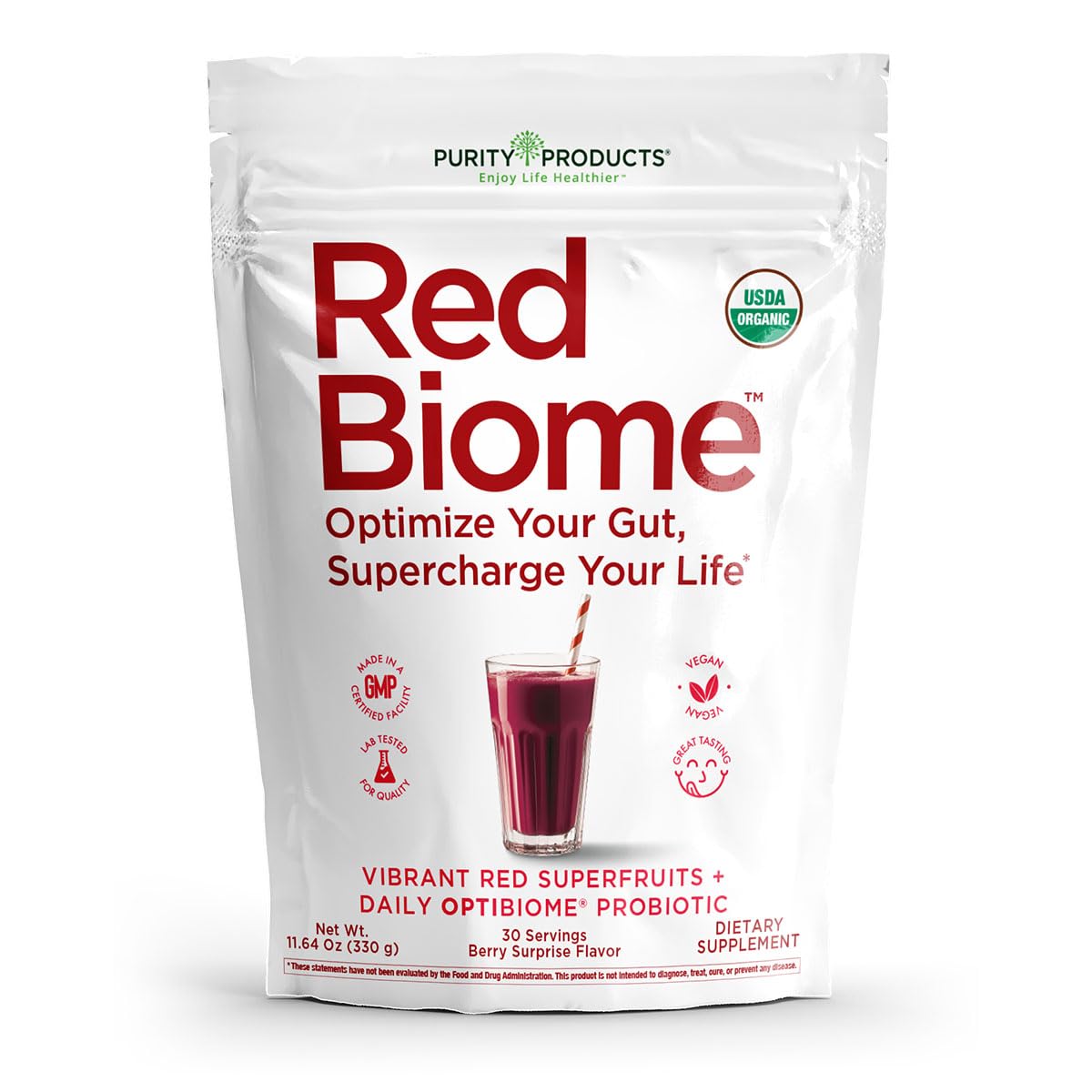 Purity Products Red Biome bottle label highlights probiotic support for digestive balance.
