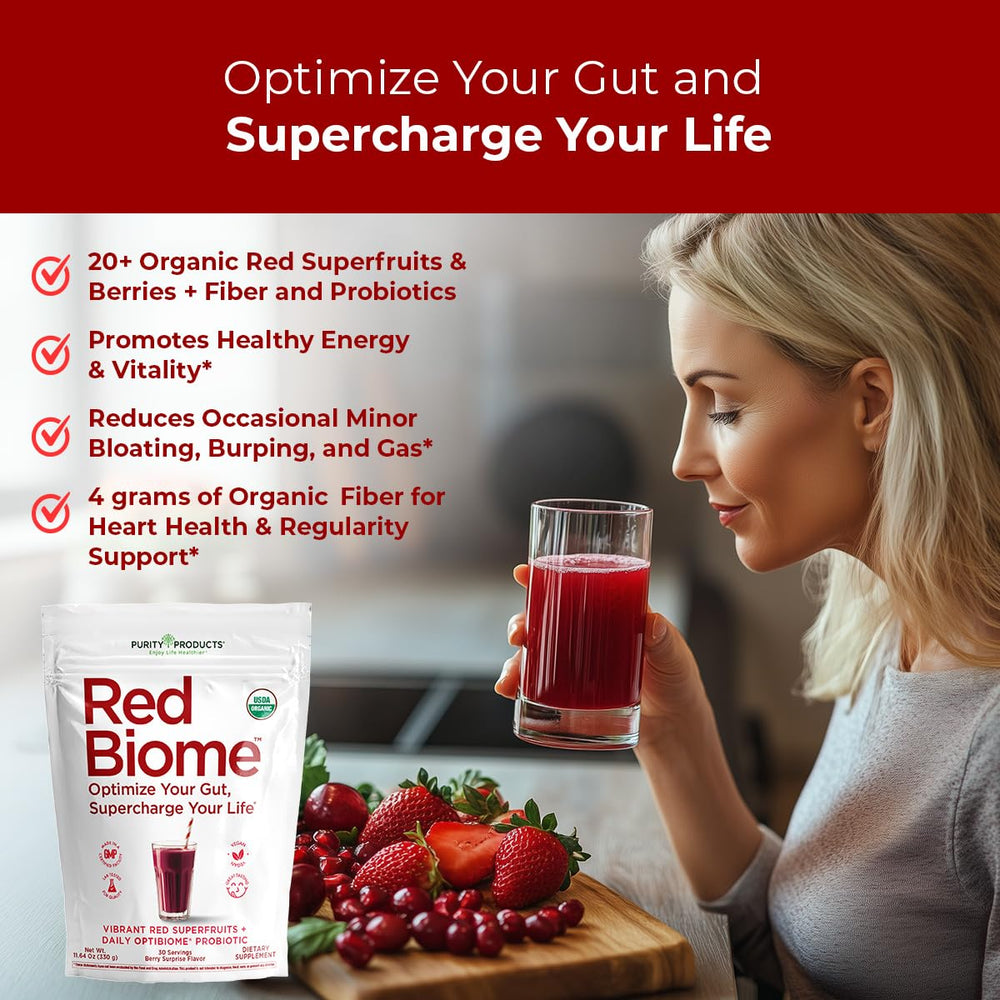 Purity Products Red Biome in glass with water illustrating easy daily mix.